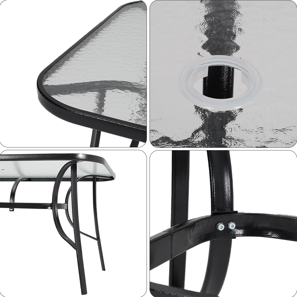 Rectangula Tempered Glass Outdoor Coffee Table With Parasol Hole - 120/150 Cm W X 80/90cm D X 72cm H | Medium | Black