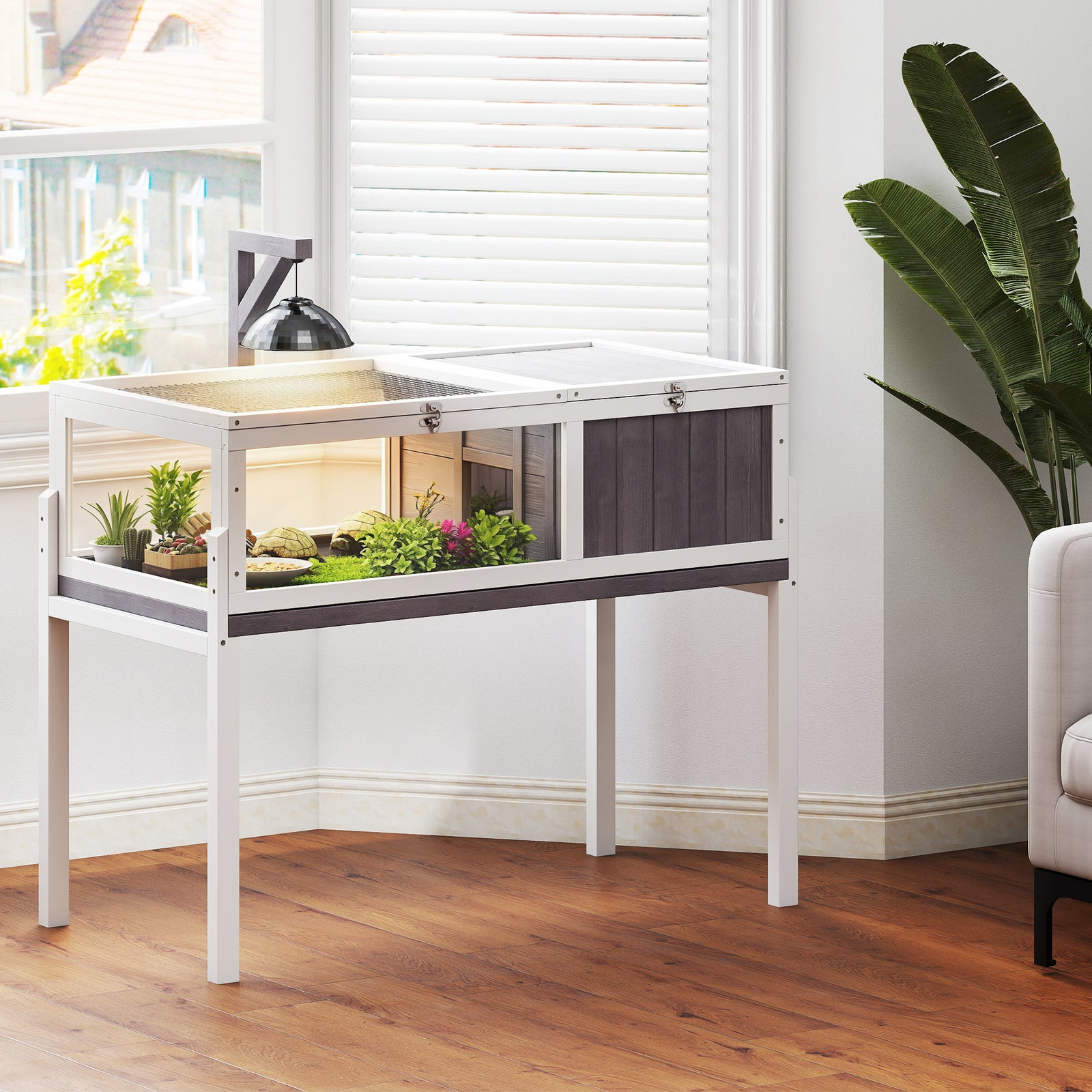 PawHut Wooden Tortoise House With Dual-zone Habitat Stand Legs, Grey