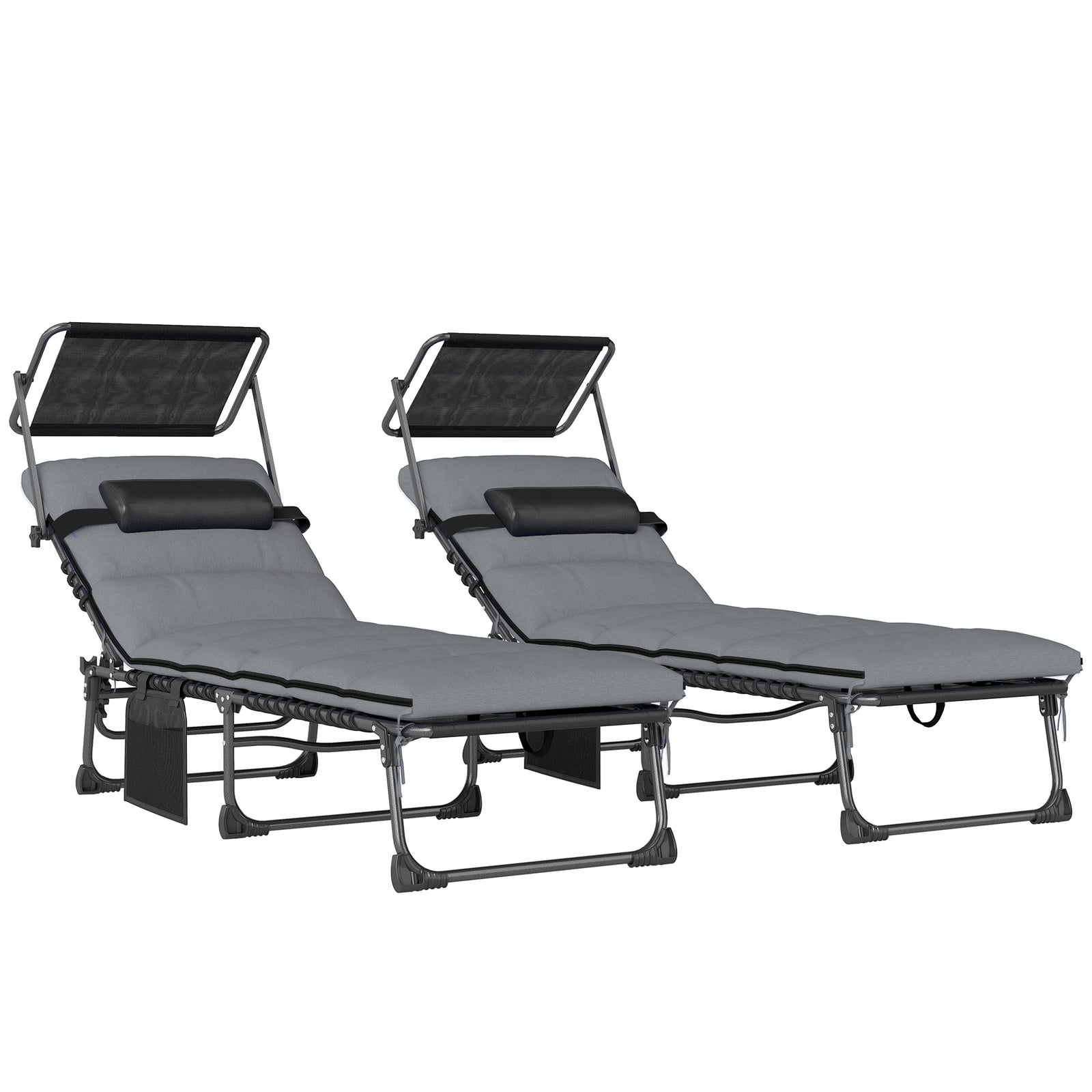 Folding Sun Loungers Set Of 2, Sun Bed With Canopy | Light Grey