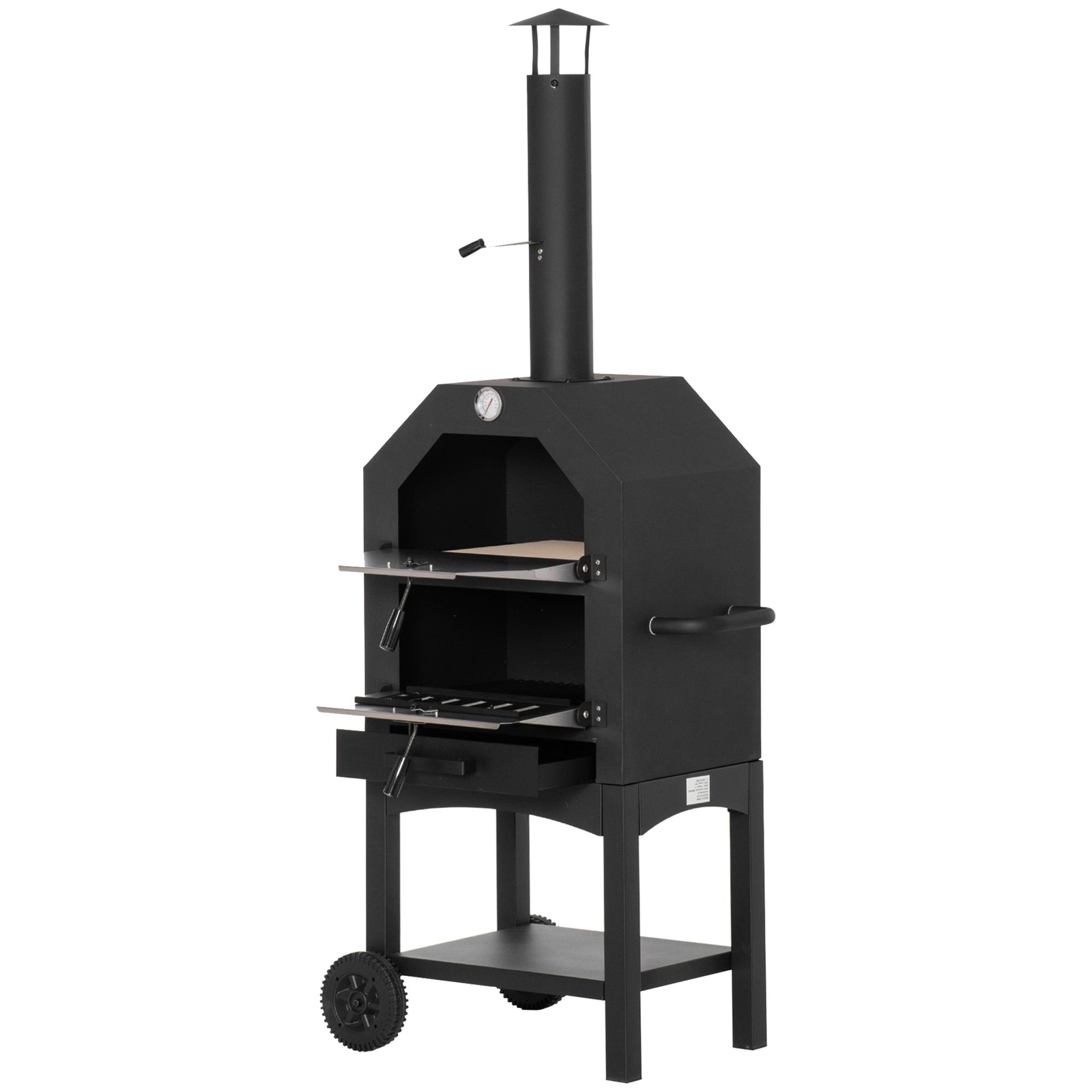 Pizza Oven, Charcoal Bbq, 3-tier, Chimney, Wheels | Black