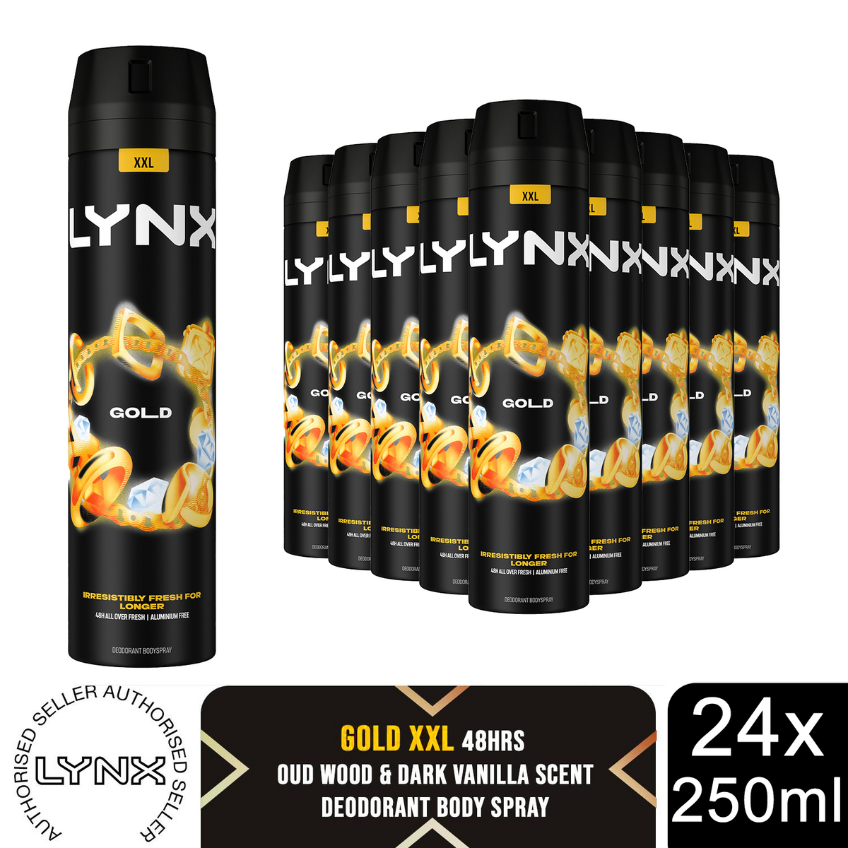 Xxl Aerosol Deodorant Body Spray Gold 48h Protection 250ml, 24 Pack | Set of 24