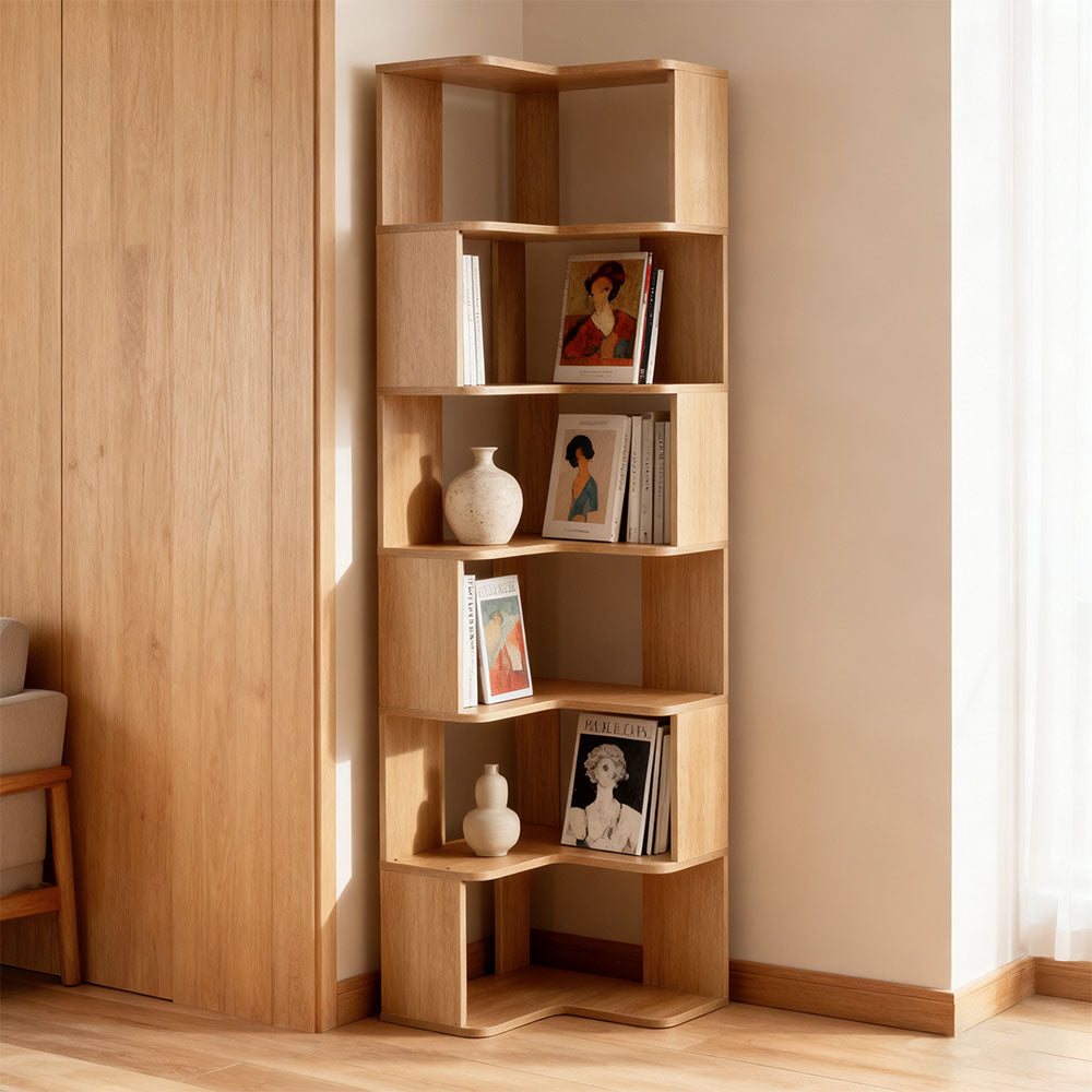 5-tier/6-tier Wooden L-shaped Corner Storage Shelf | Large | Natural