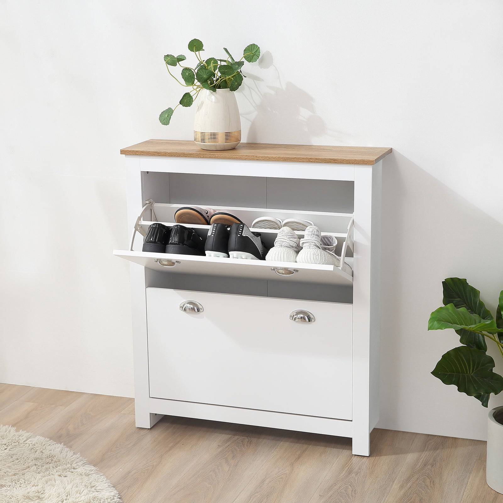 2 Drawer Shoe Cabinet Narrow Shoe Cupboard With Flip Doors