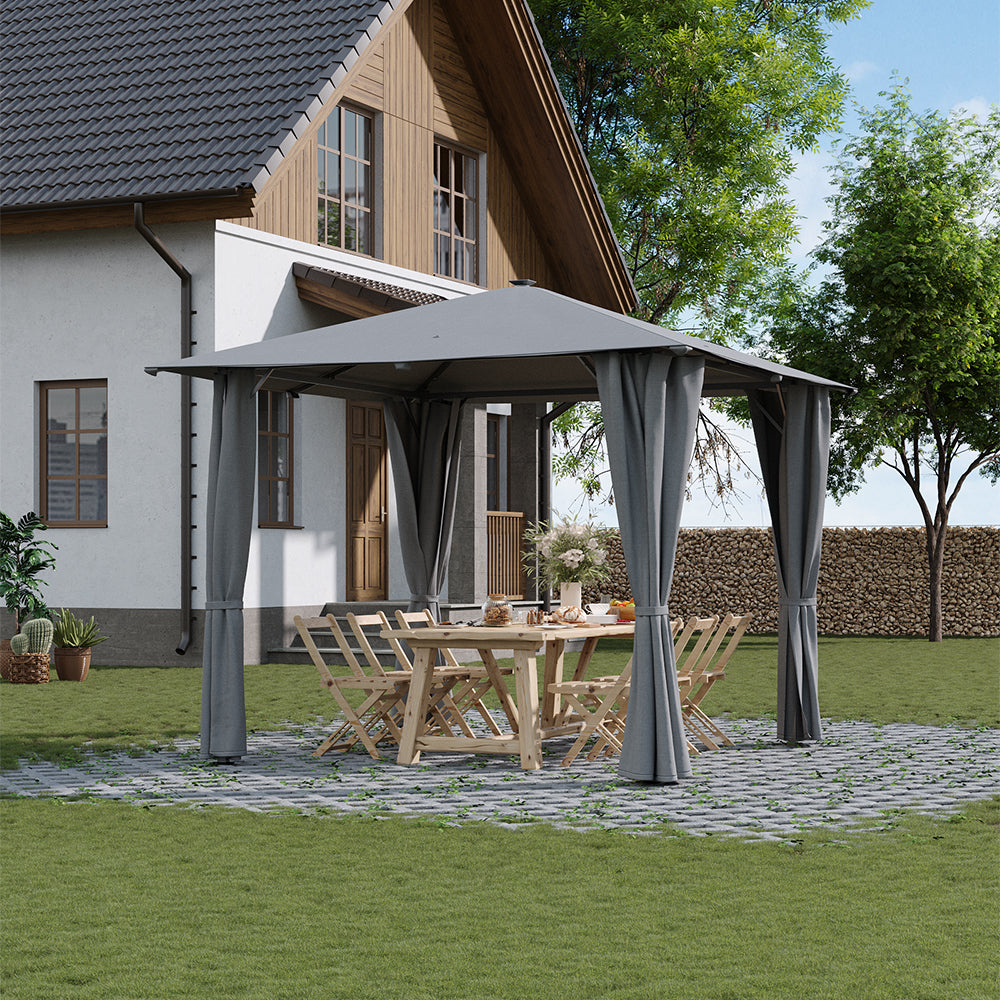 3m X 3m Outdoor Metal Gazebo With Pa-coated Canopy, Solar Led Lights & Remote