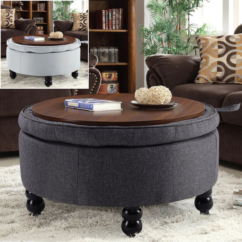 Round Linen Storage Ottoman With Removable Tray 70cm Dia X 45cm H
