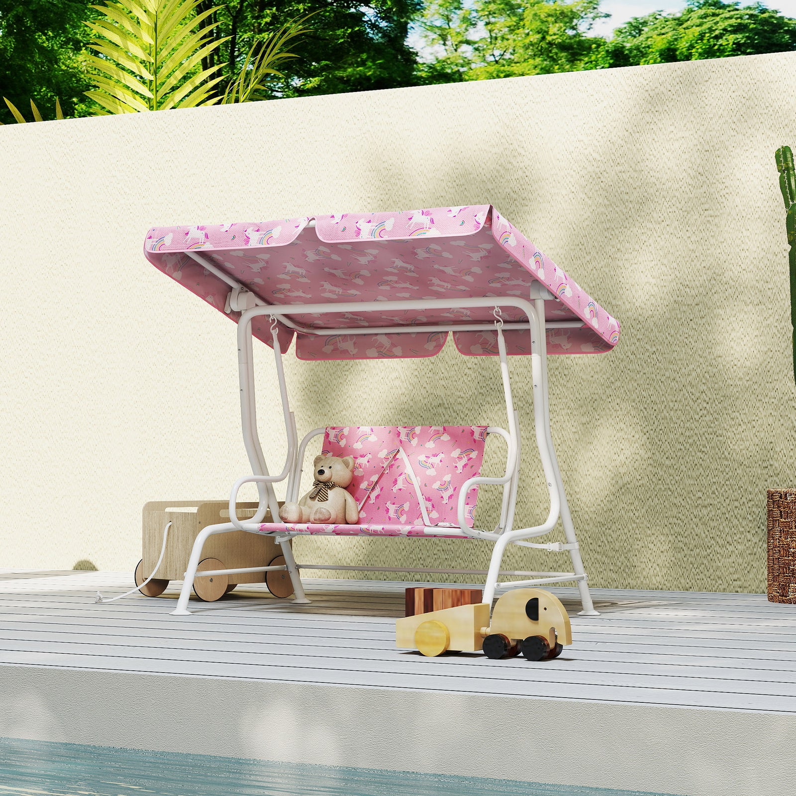 Kids 2-seater Porch Swing With Seat Belts, Adjustable Canopy Pink