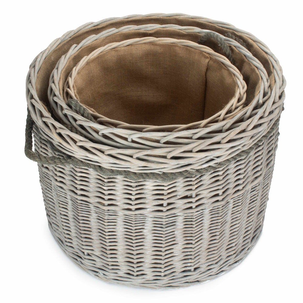 Set Of 3 Wicker Grey Wash Round Hessian Lined Log Basket