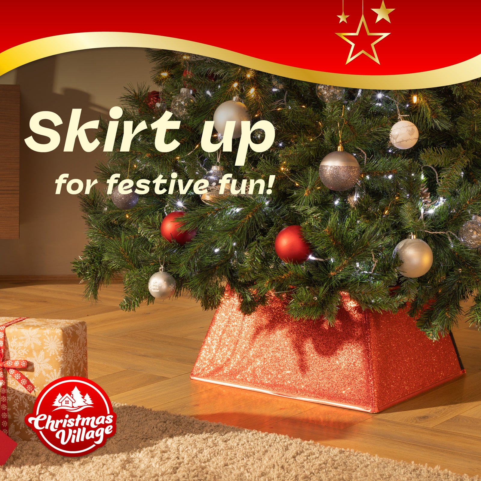 Glitter Christmas Tree Skirt Square 48x48cm | Red
