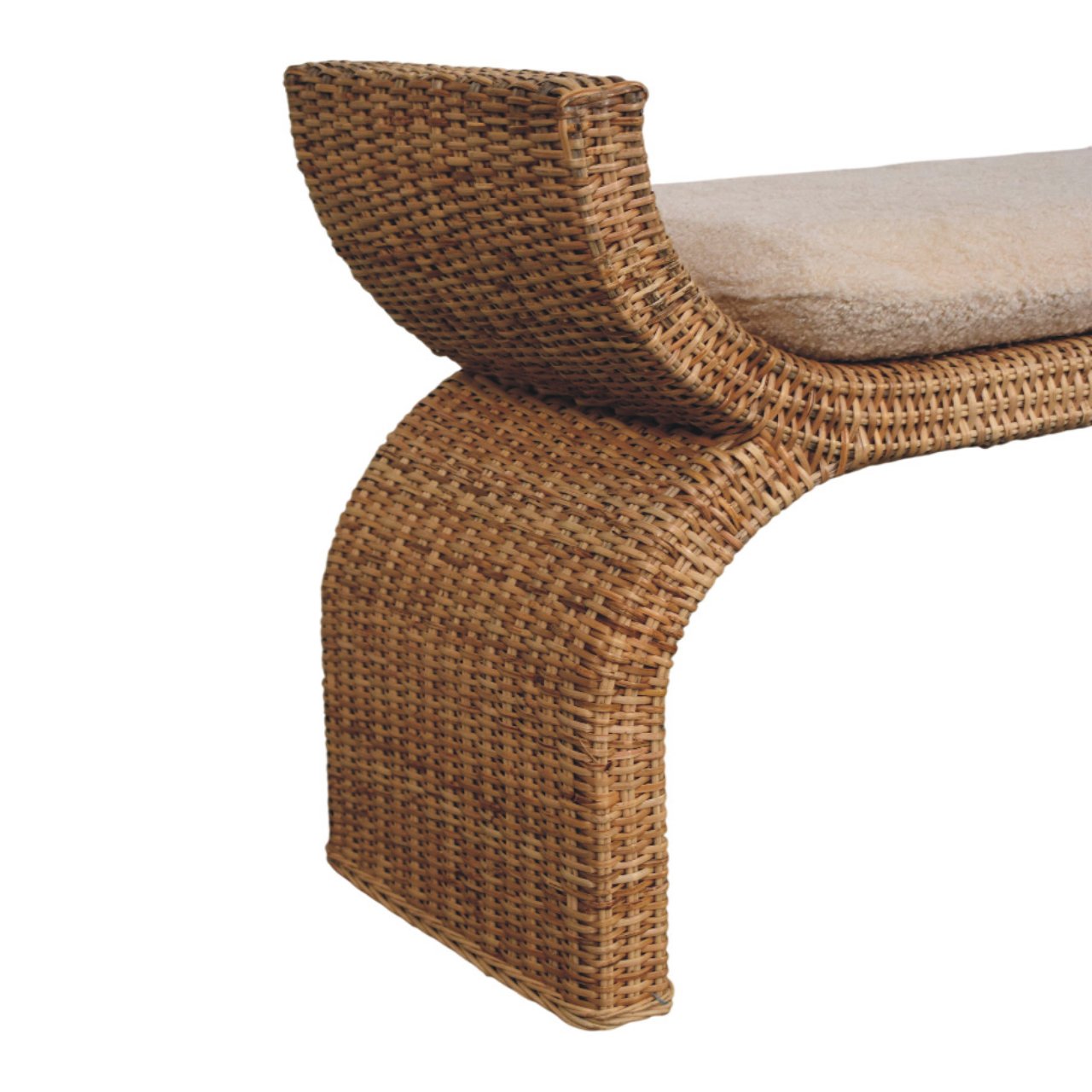 Artisan Furniture Solid Wood Rattan Weave Boucle Bench, Upholstered