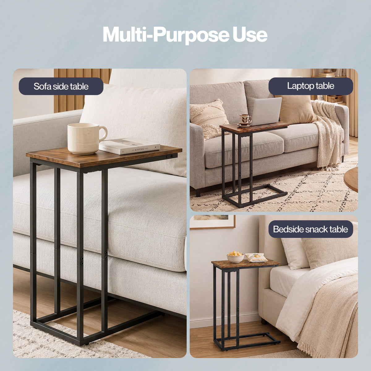 Levede Side Table C Shaped Space Saving For Sofa Bedroom Rustic Brown