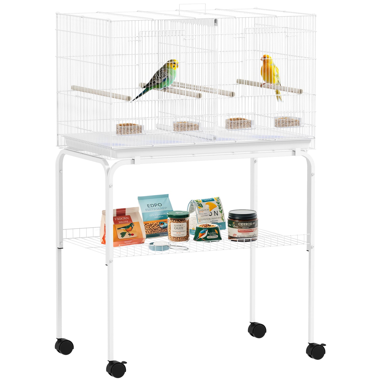 Bird Cage With Divider, 4 Wooden Perches, Slide Out Tray | White