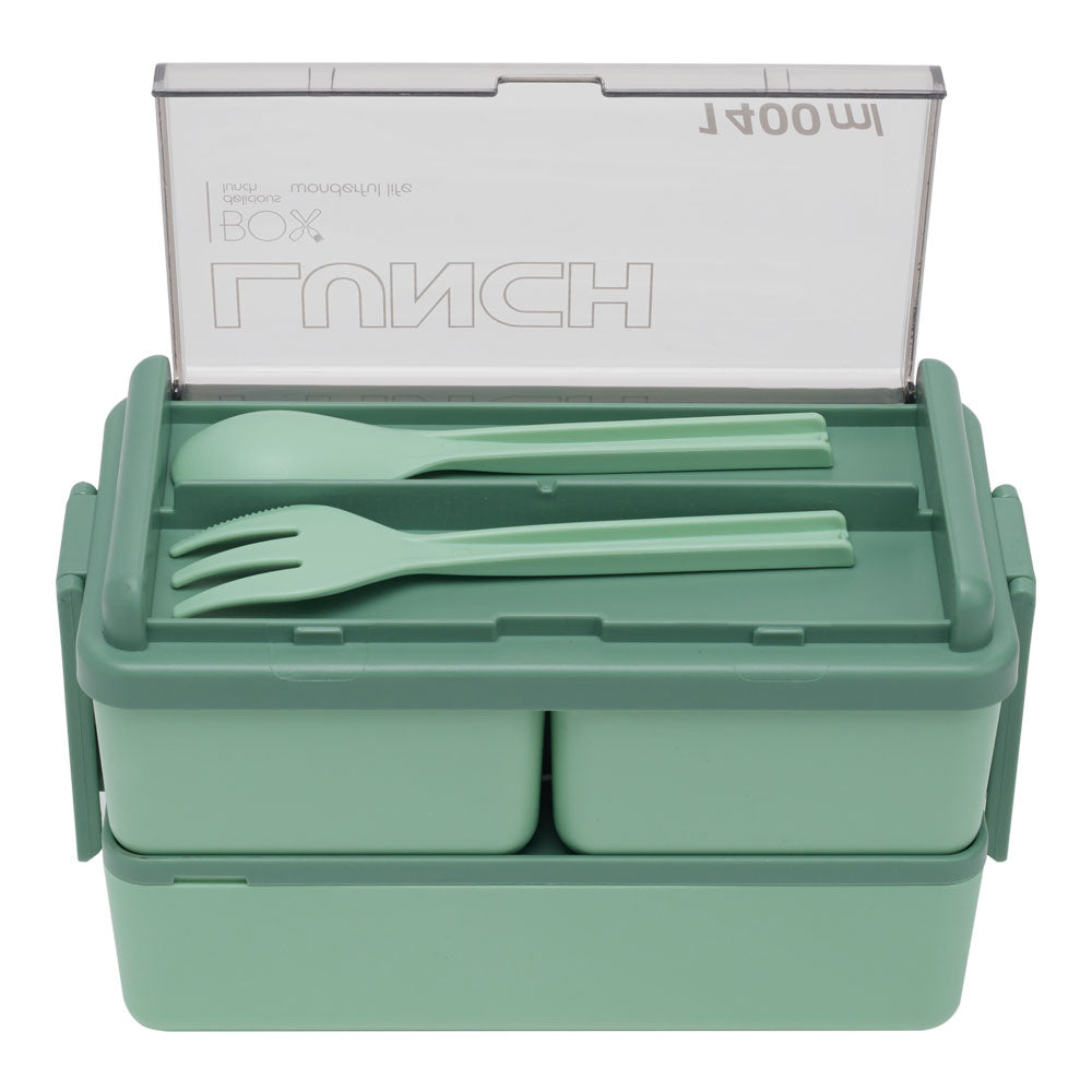 Dual-layer Plastic Bento Lunch Box With Cutlery | Green