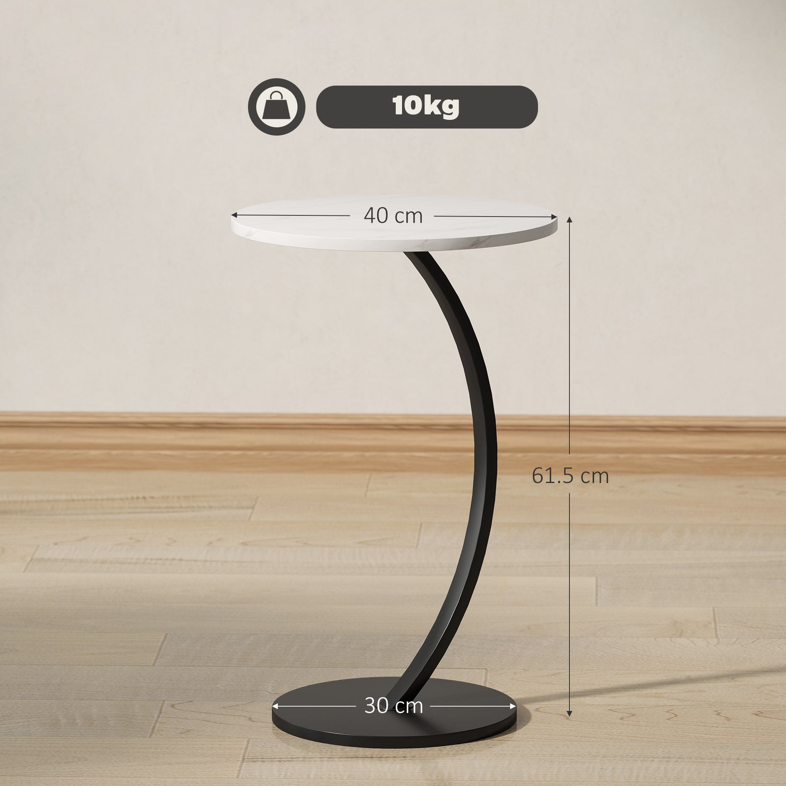 HOMCOM C Shaped Side Table, Round Bedside Table W/ Marble Effect Top, White