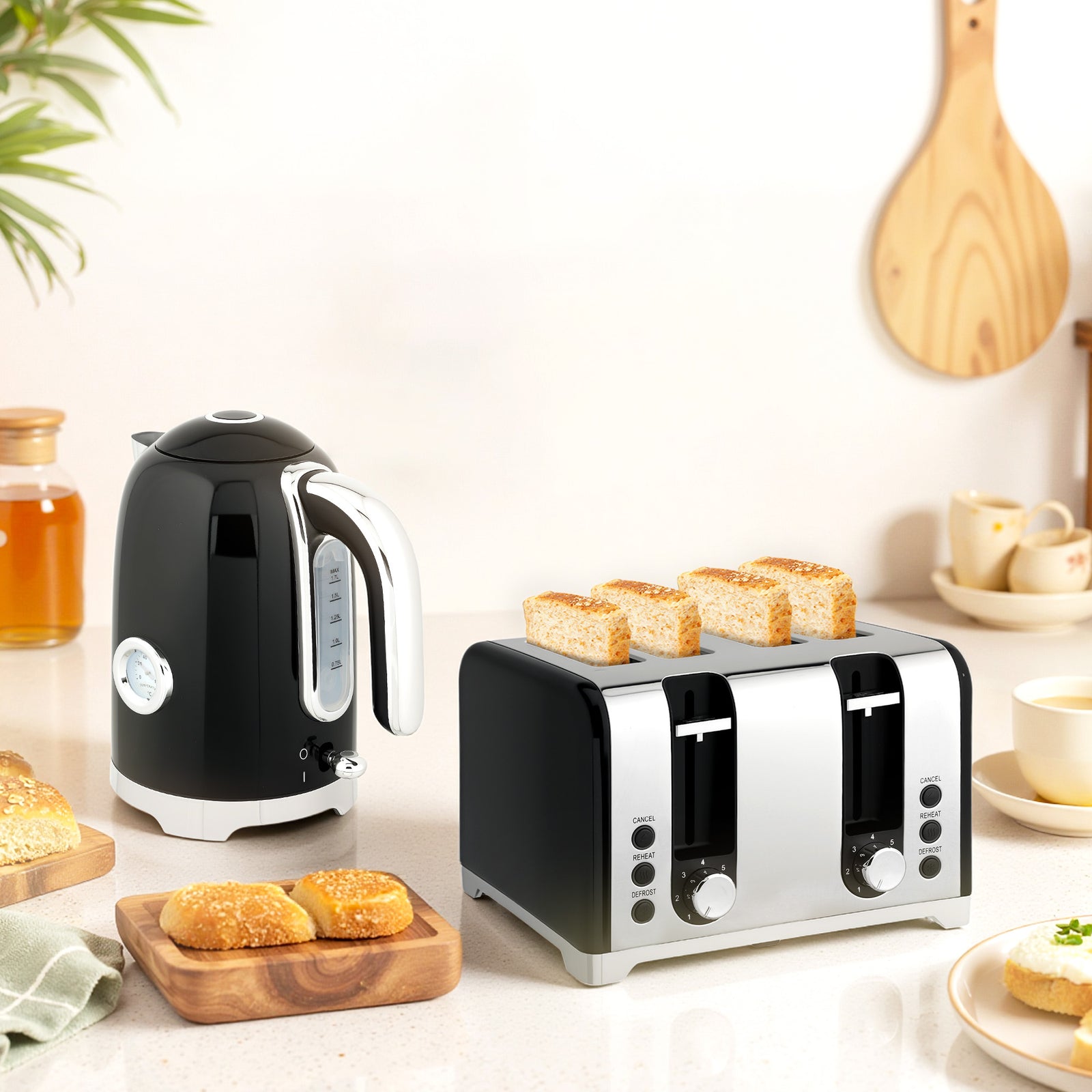 3000w 1.7l Kettle With Retro Thermometer, 4 Slice Toaster Set | Black