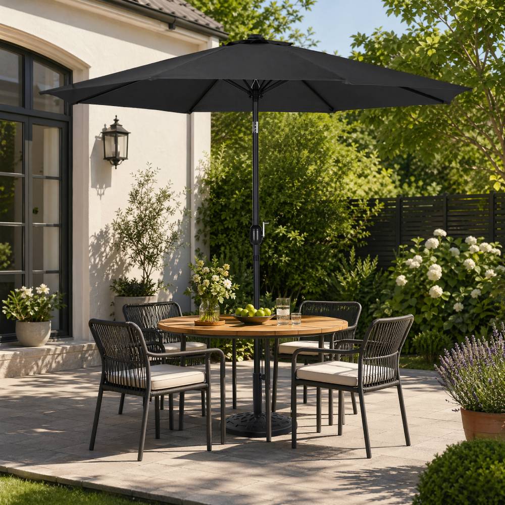 3m Garden Parasol Adjustable Tilting Parasol With Crank Handle With Classic Design Heavy-duty Round Base | One Size | Black