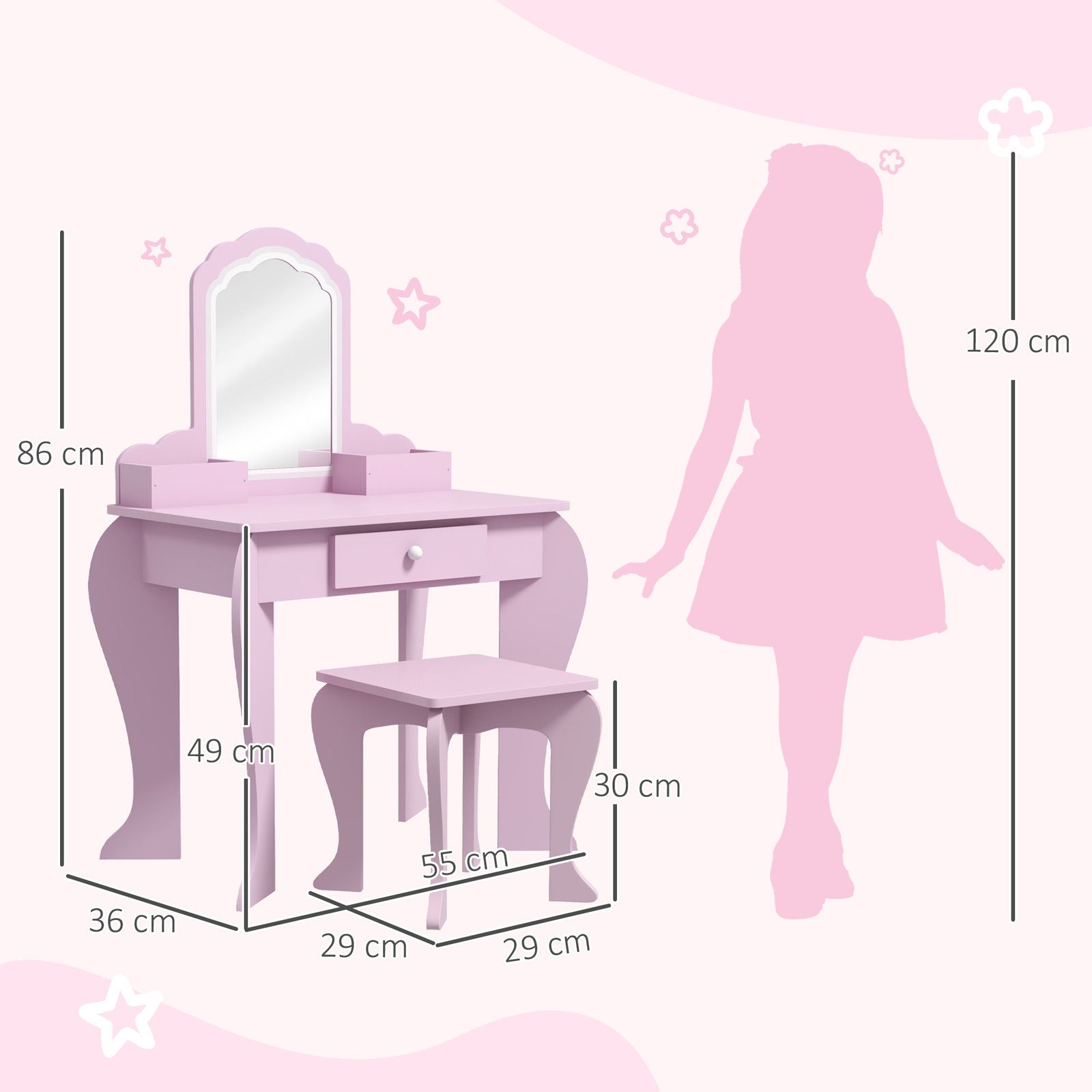 Dressing Table With Mirror And Stool, Drawer, Storage Boxes, Cloud Design | Pink