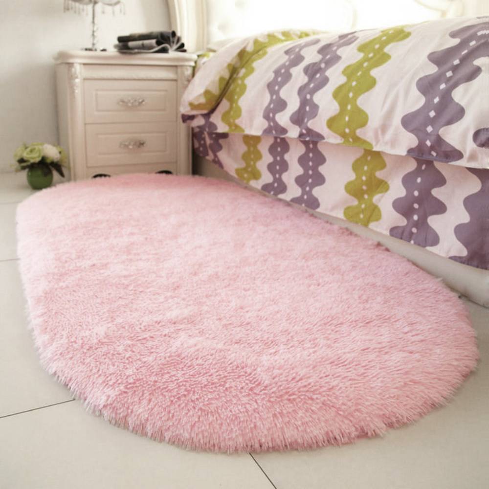 Oval Fluffy Shaggy Area Rug Super Soft Plush Carpet For Bedroom | Large | Pink