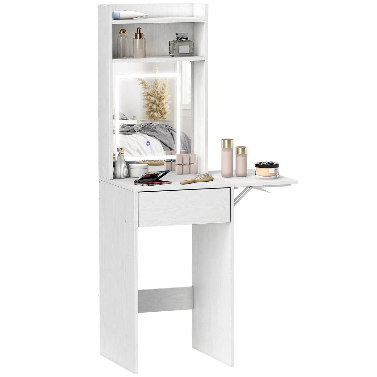 Compact Dressing Table With Lighted Mirror Open Shelves Drawer | White