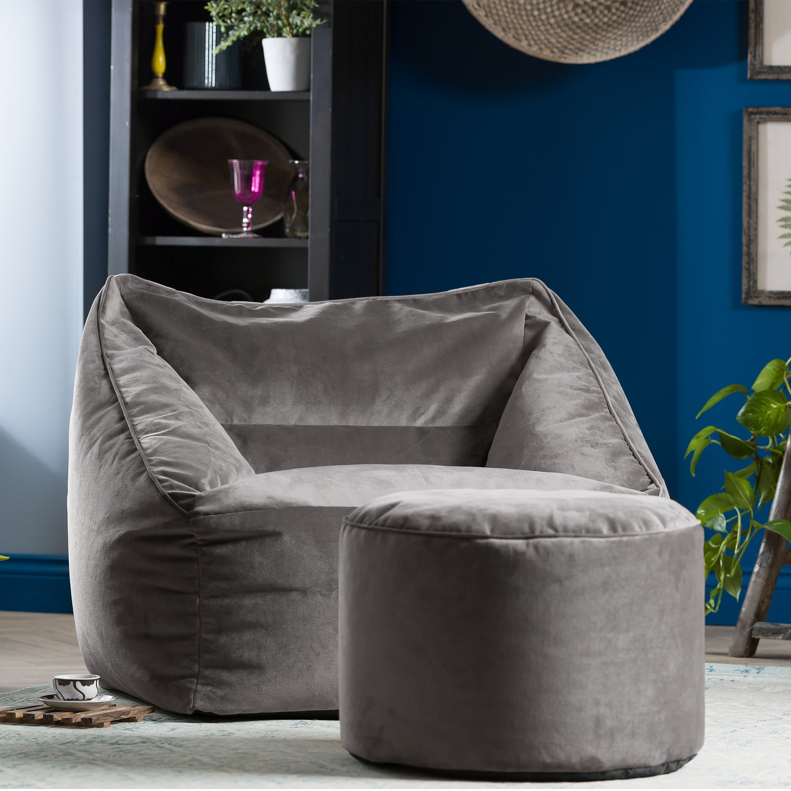 Natalia Velvet Armchair & Pouffe Set | Charcoal