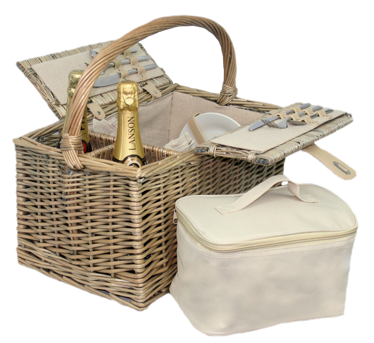 Wicker Double Lidded Fitted Picnic Basket | 2 Person | White