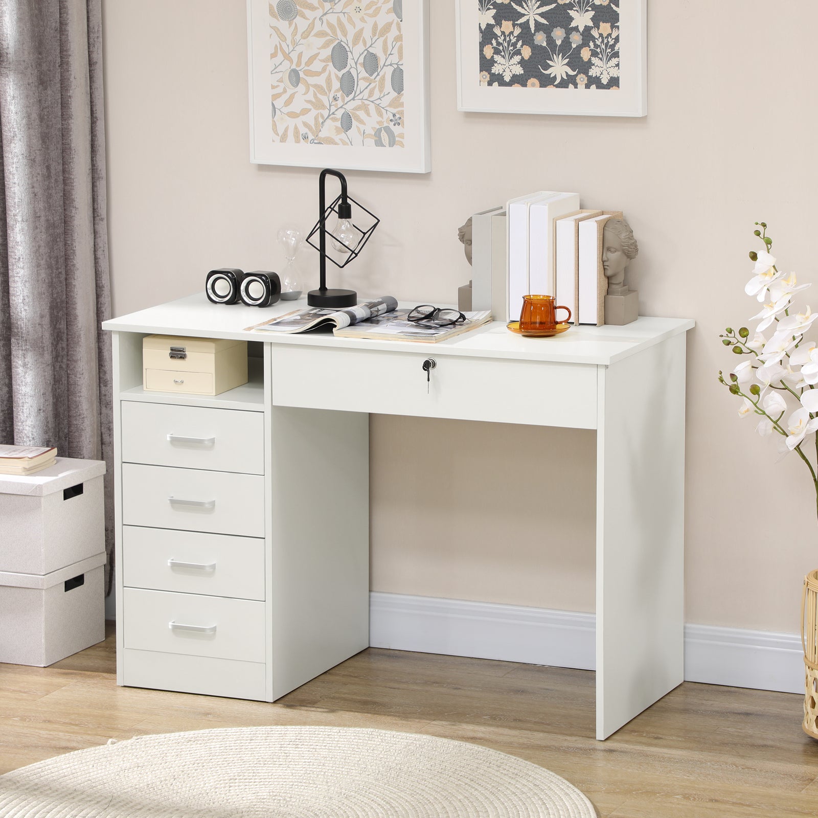 Computer Desk Writing Desk With Five Drawers For Home Office | White