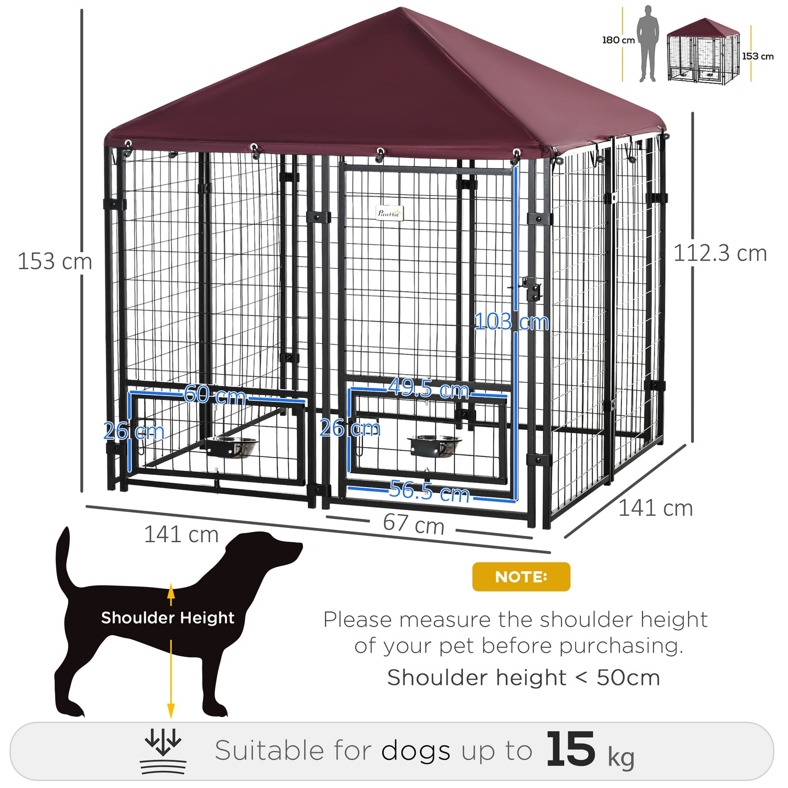 Dog Kennel With Rotating Bowl Holders, Cover, Outdoor Dog Run