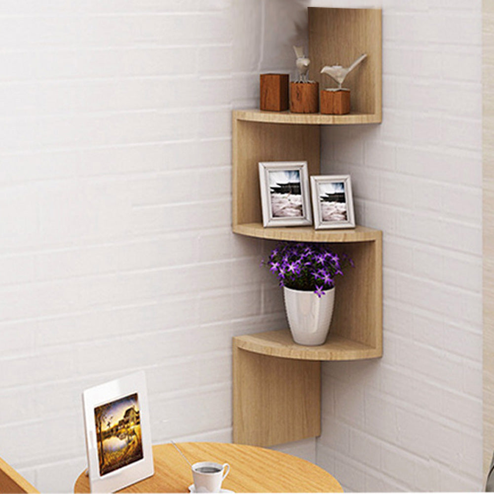 3/5-tier Wooden Floating Corner Shelf Wall Mounted Tiered Zigzag Corner Shelves | Small | Brown