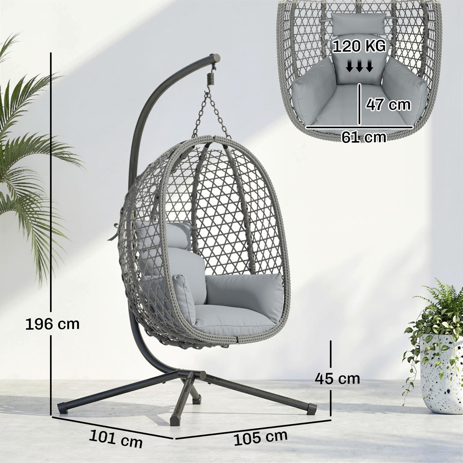 Hanging Egg Chair, Rattan Swing Chair With Stand | Dark Grey