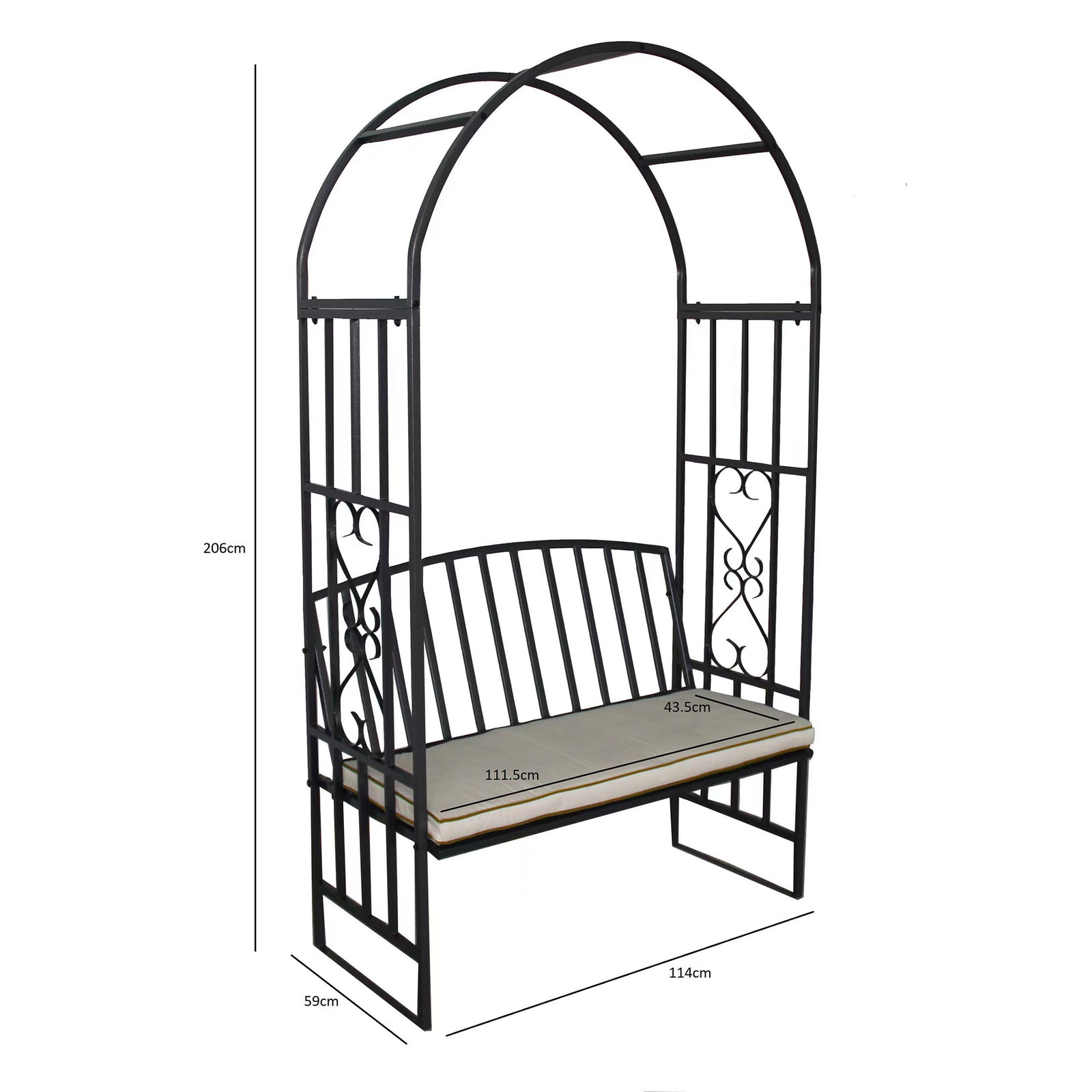 Metal Garden Arch And Bench Complete With Cushion