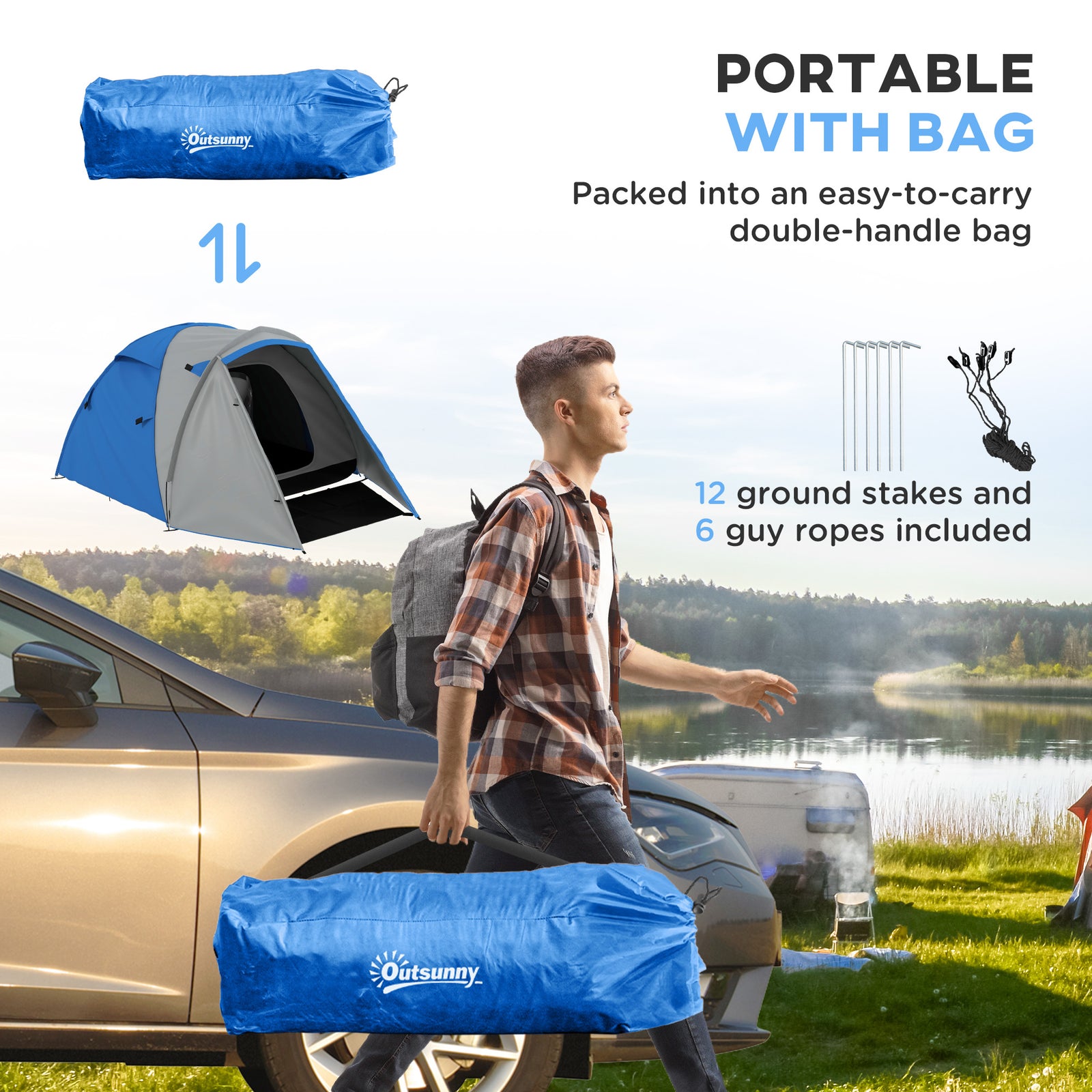 2-3 Man Camping Tent With Living Area, 2000mm Waterproof | Blue