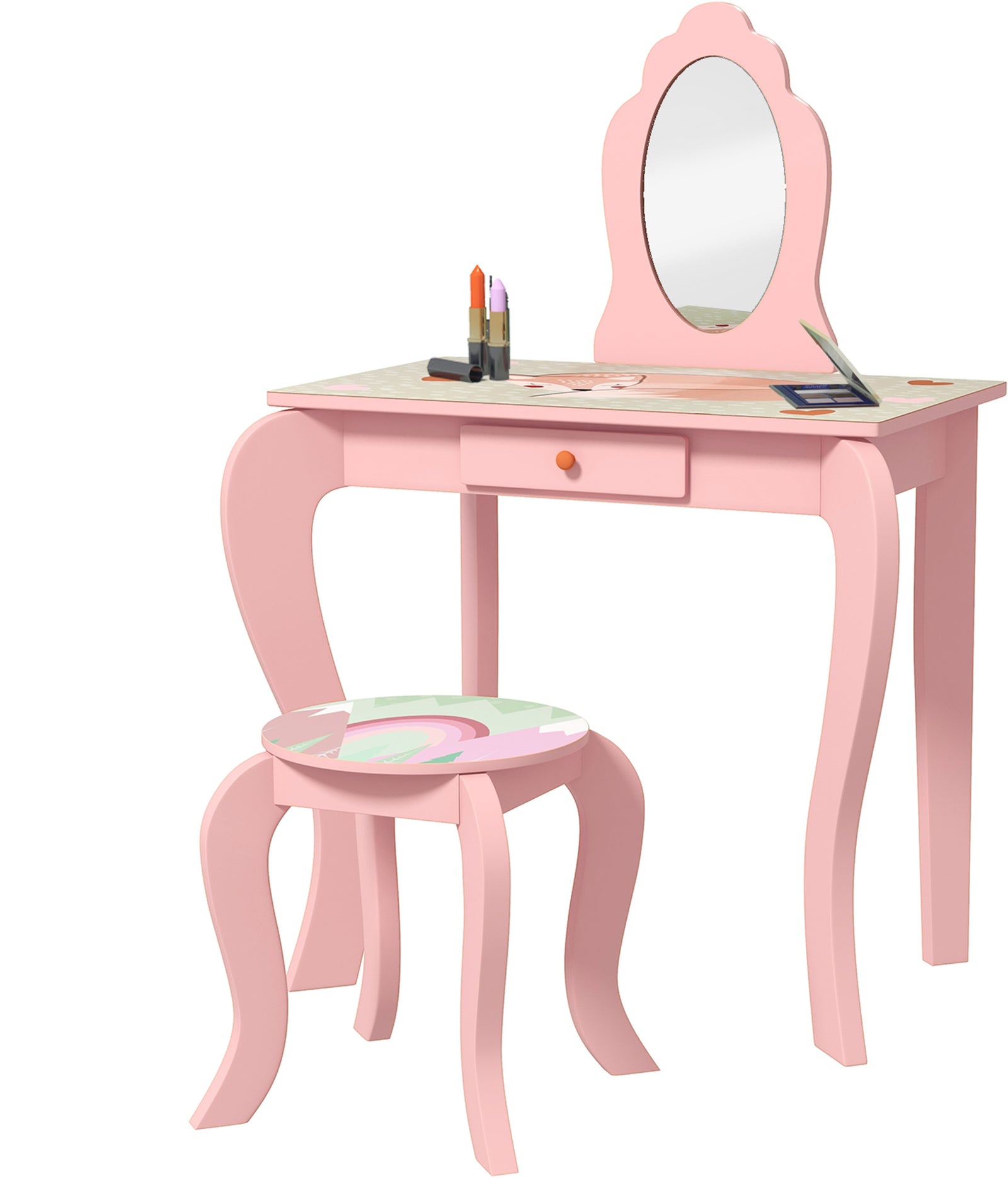 Kids Dressing Table With Mirror, Stool, Drawer, Girls Vanity Table | Pink