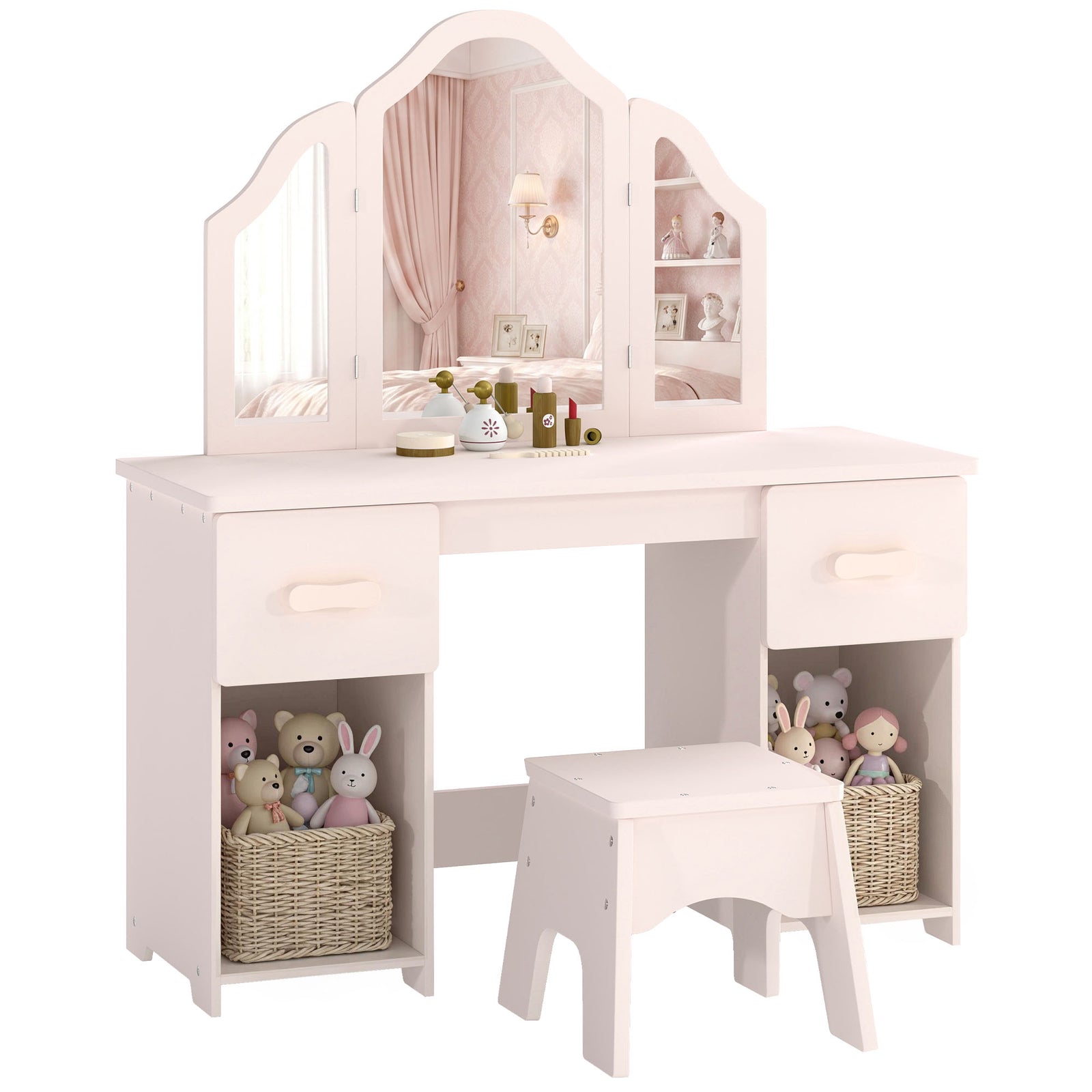 AIYAPLAY Kids Vanity Table And Chair Set With Tri-folding Mirror For 3+