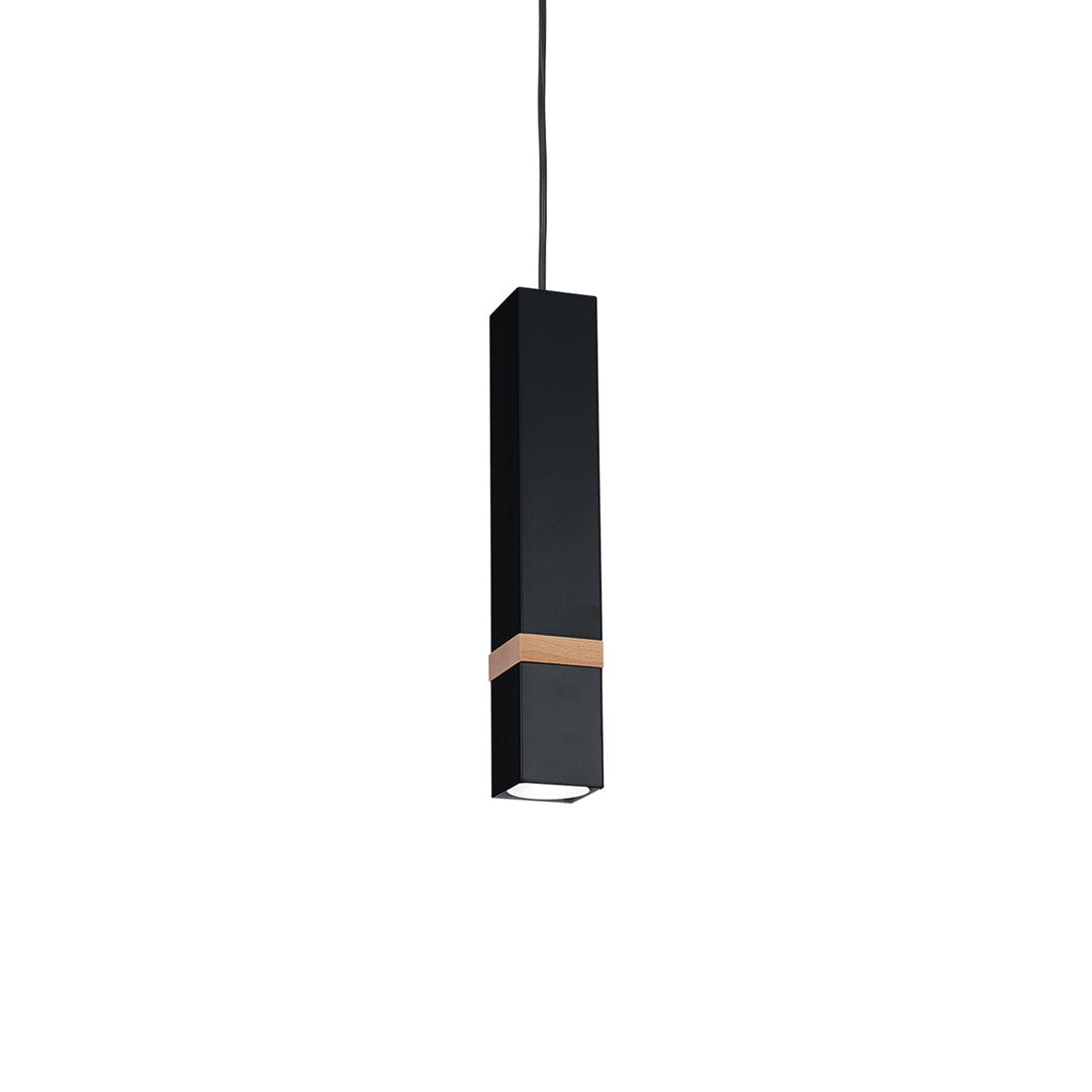 Vidar Black Pendant Lamp 1xgu10 Hand Made Modernist Cuboid Design With Natural Wooden Insert