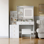 Dressing Table And Stool Set With Led Mirror And Built-in Electrical Outlet