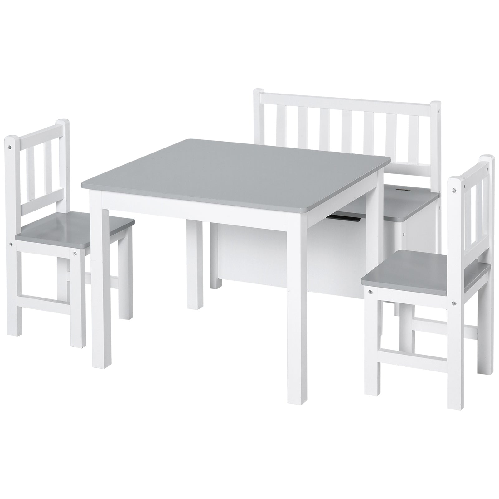 4-piece Set Kids Wood Table Chair Bench W/ Storage Function For 3 Years+ | Grey