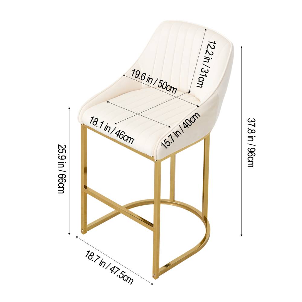 Modern Velvet Upholstered Bar Stools With Metal Legs, Set Of 2 – Contemporary Design, Comfortable Padded Seat, And Anti-slip Base | White
