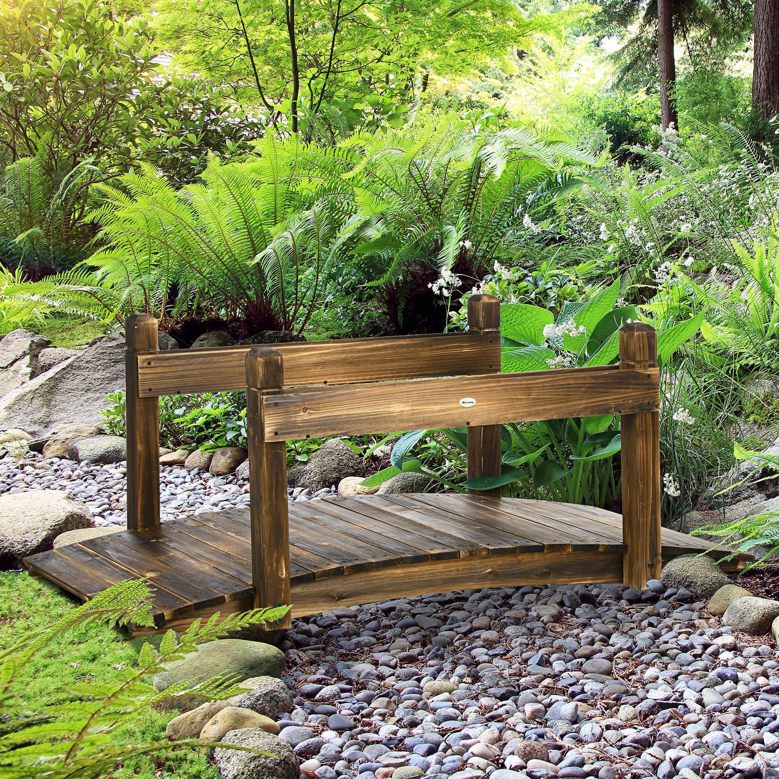 5ft Wooden Garden Bridge With Planters, Stained Finish