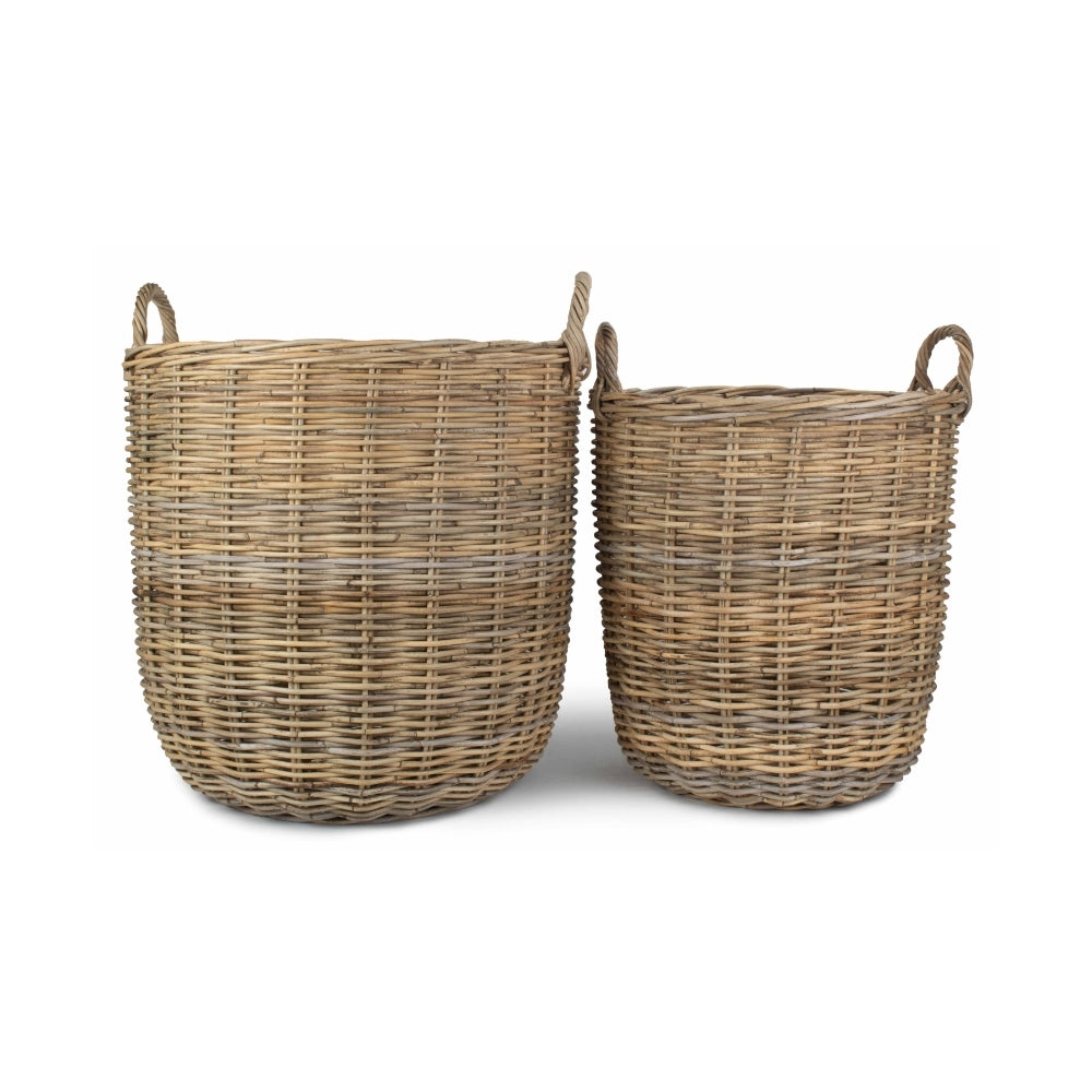 Tall Round Fireside Grey Rattan Log Basket | Set-of-2 | Brown