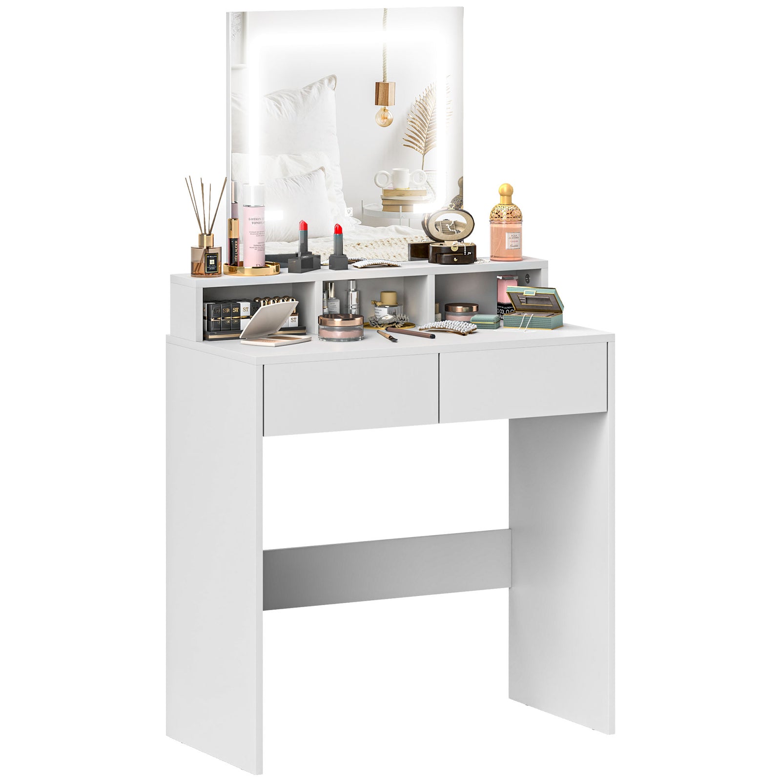 HOMCOM Dressing Table With Mirror, Led Lights, Drawers, For Bedroom, White
