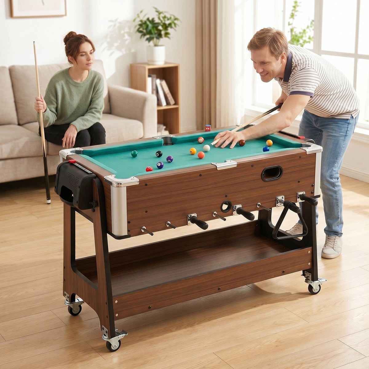SPORTNOW 3 In 1 Reversible Multi Game Table With Lockable Wheels And Shelf