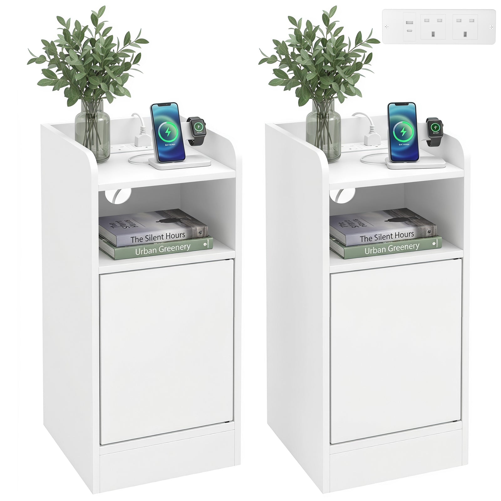 Slim Bedside Table Set Of 2 With Charging Station | White