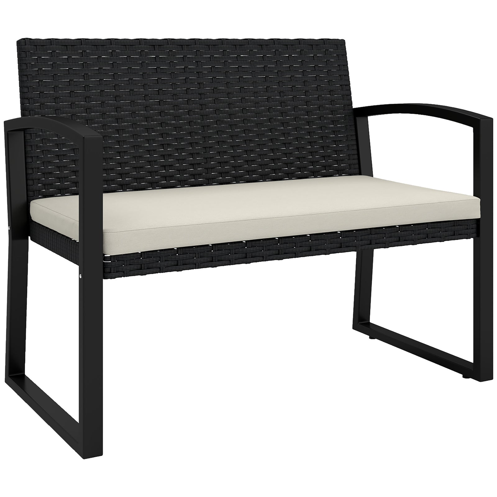 2 Seater Rattan Garden Bench With Cushion, Steel Frame | Black