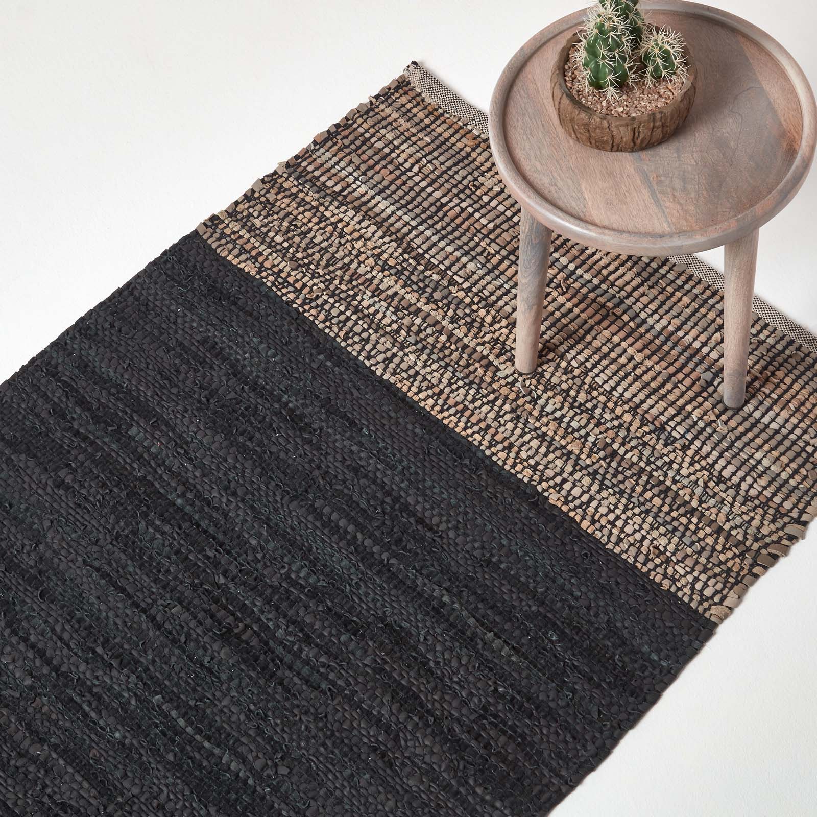 Recycled Leather Handwoven Herringbone Rug | 150cm x 240cm | Black