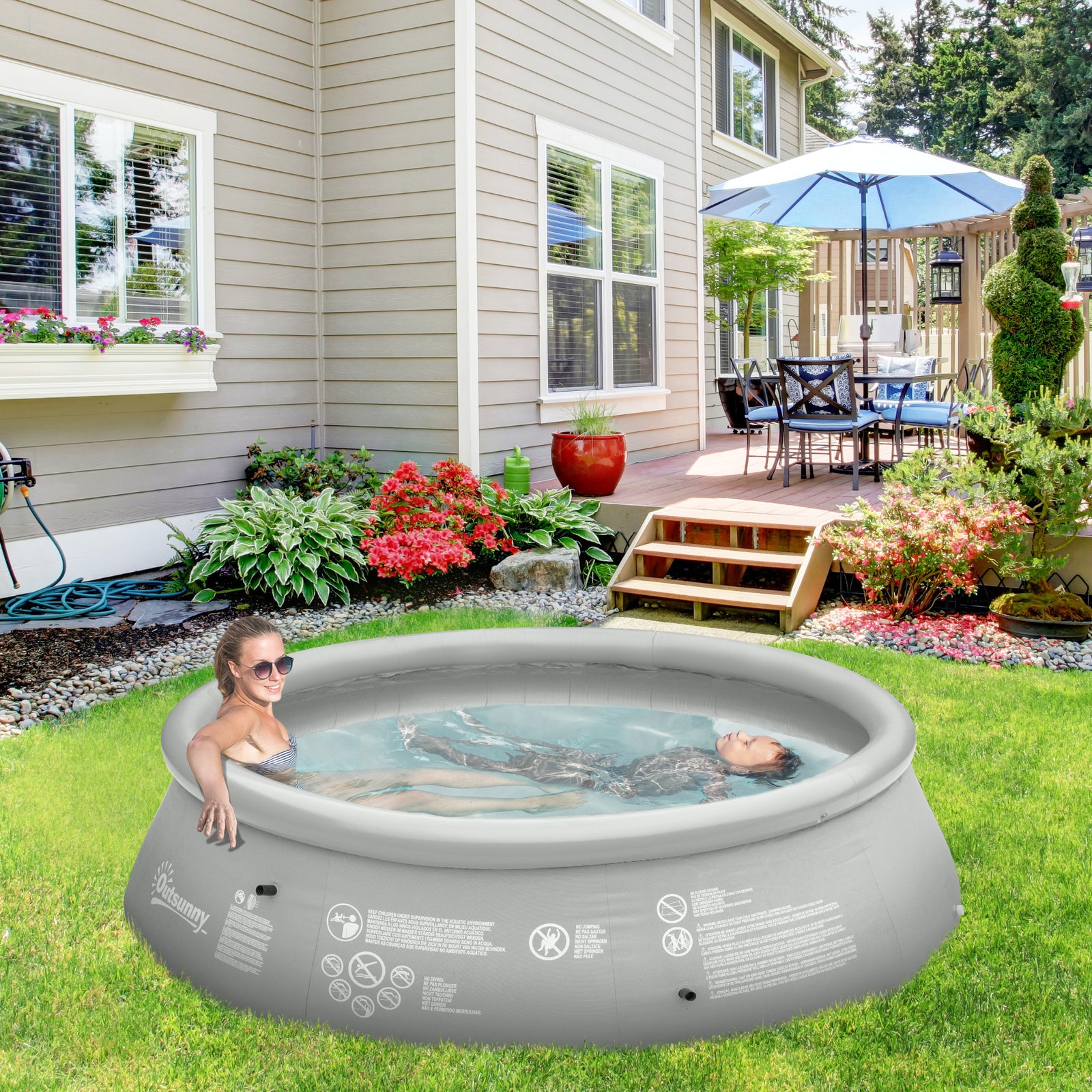 Inflatable Swimming Pool Family-sized, W/ Hand Pump 274x76cm | Gray