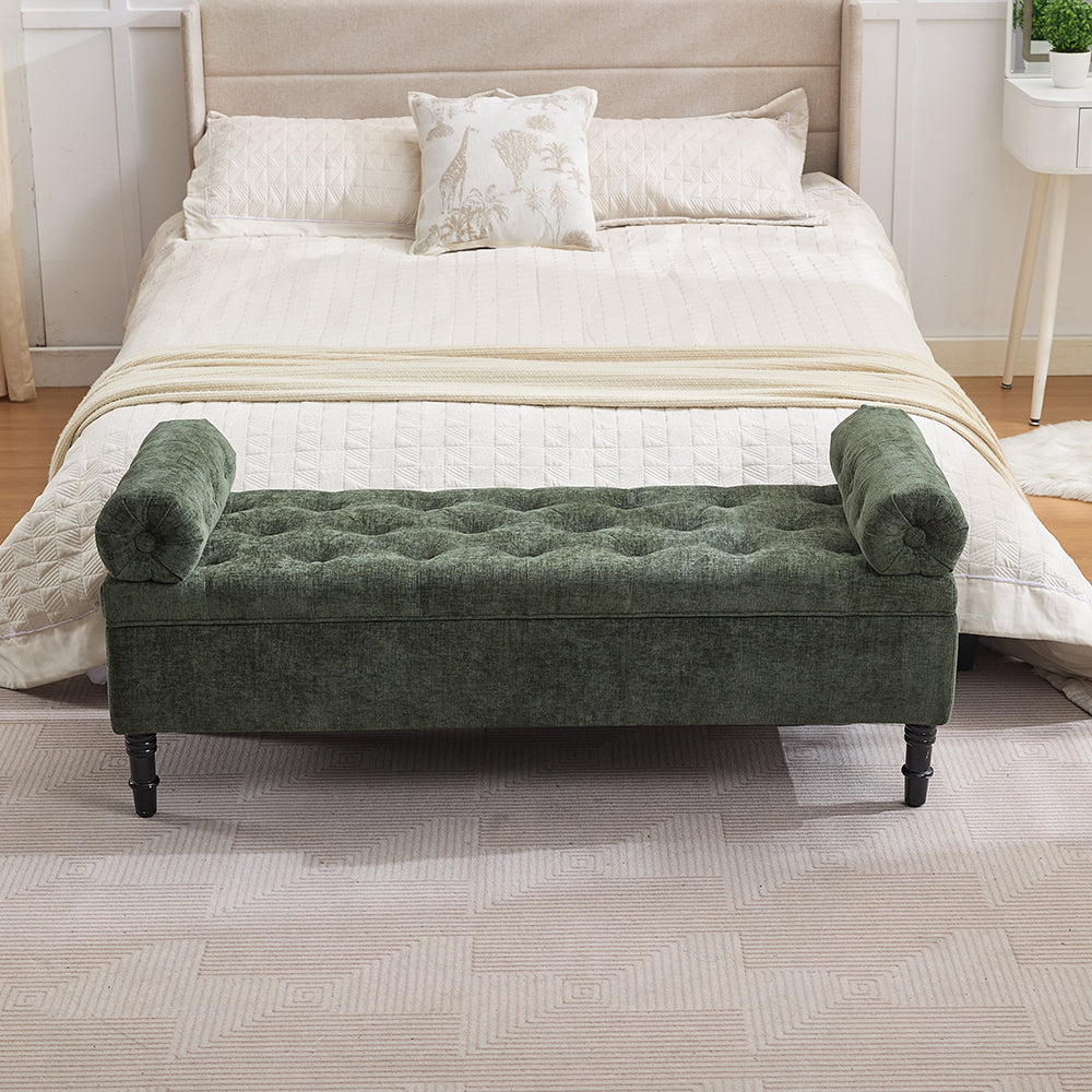 Chenille Fabric Storage Bench – Upholstered Seat With Pillowed Armrests & Hidden Compartment, 126cm W | Green