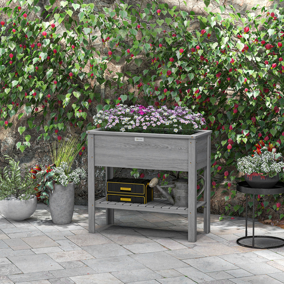 Outsunny Wooden Raised Garden Bed, Elevated Planter Box With Storage Shelf