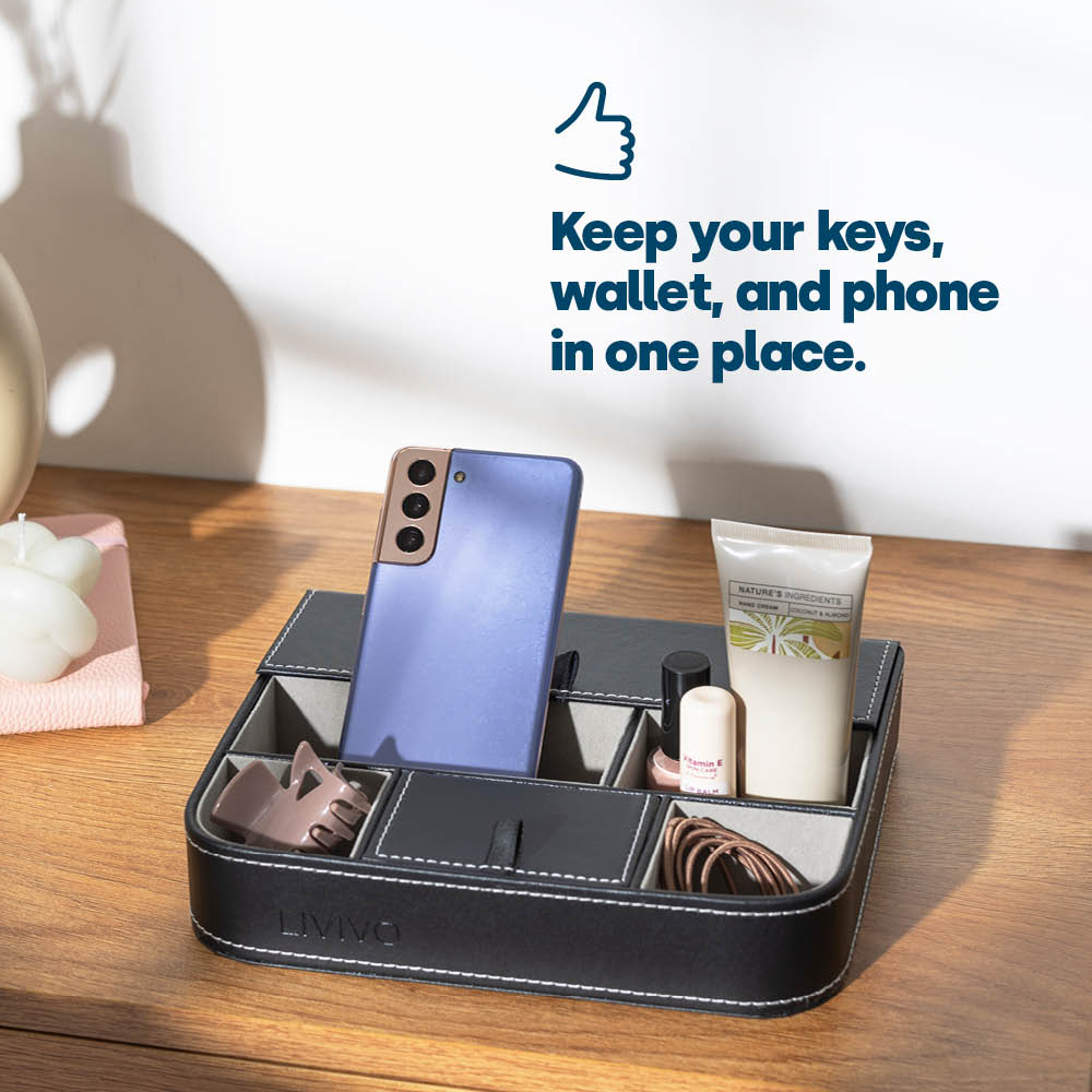 Fineway 6 Compartment Leather Valet Tray Men’s Dresser Storage Organiser