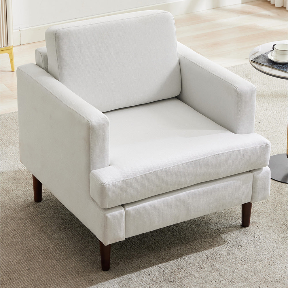 Mid-century Modern Single Sofa Chair – Linen Upholstery, High-density Foam, Walnut Legs, Comfortable Accent Chair | Off White