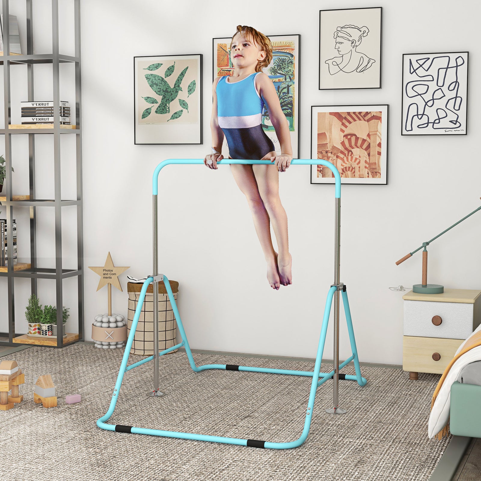 Kids Gymnastic Bar W/ Adjustable Height, Foldable Training Bar | Sky Blue