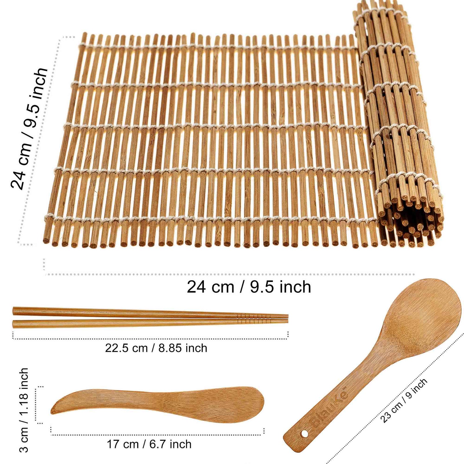 BlauKe Sushi Making Kit - 2 Bamboo Sushi Rolling Mats, 5 Pairs Chopsticks, Rice Paddle, Spreader - Beginner Sushi Maker Kit